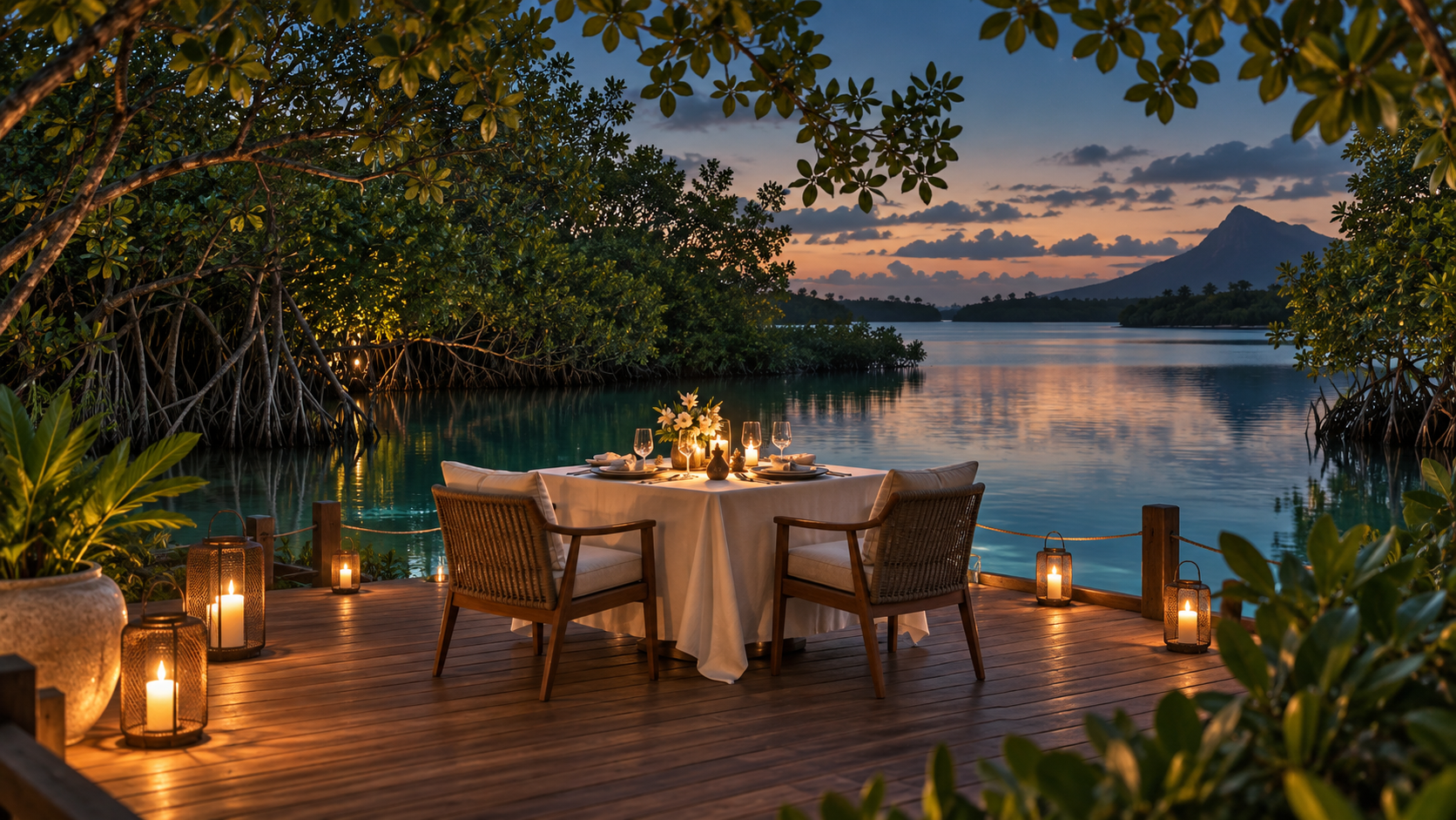 Ilustración de una cena a la luz de las velas en una plataforma sobre la laguna de Mauricio