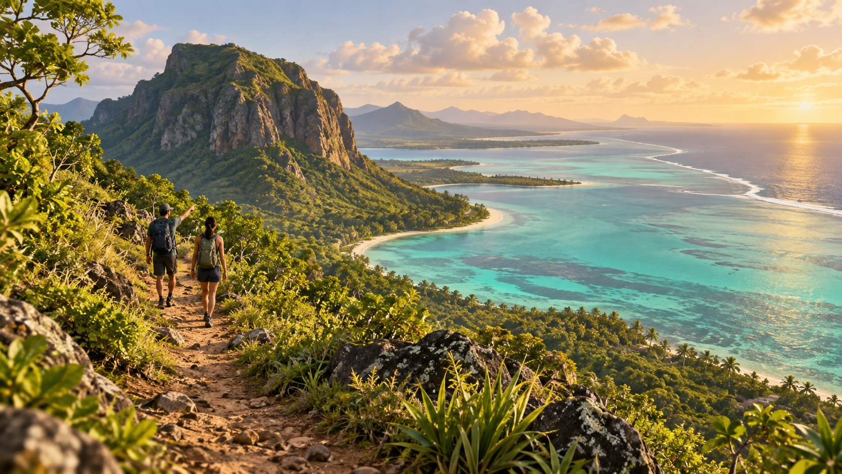 Ilustración de dos personas caminando por un sendero de Le Morne con vista a la laguna