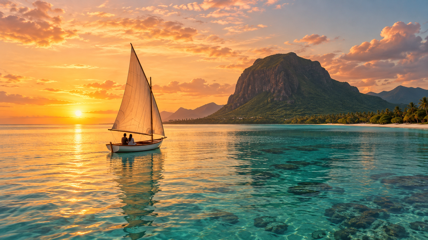 Ilustración de un pequeño barco al atardecer frente a Le Morne en Mauricio