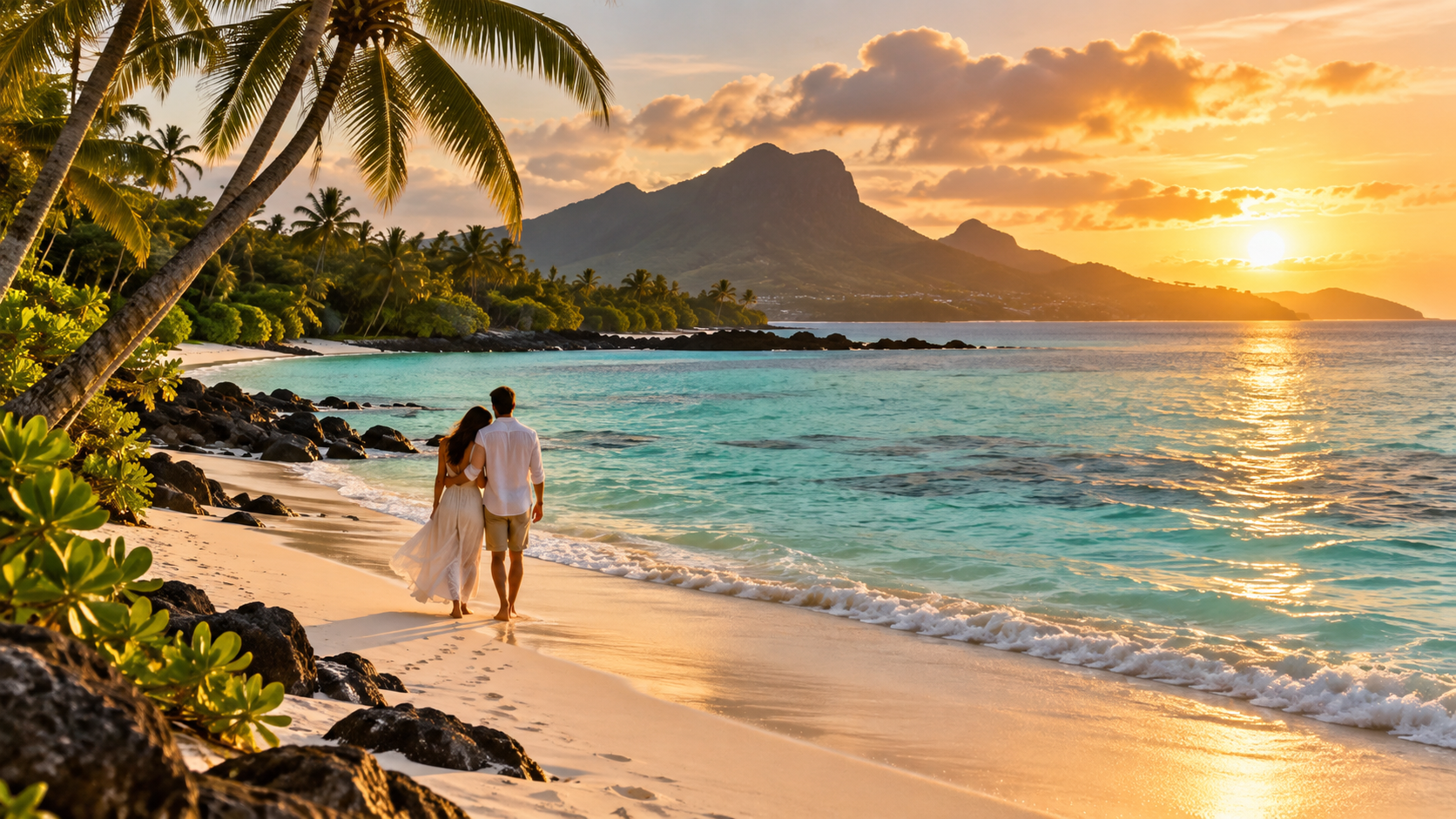 Ilustración de una pareja en la playa al atardecer frente a Le Morne en Mauricio
