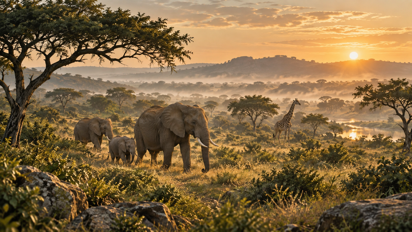 Ilustración de elefantes en la sabana de Sabi Sand al amanecer